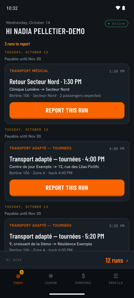 Driver app, Today tab: “Hi Nadia Pelletier-Demo”, three runs to report on Tuesday, October 13, each with its route, its vehicle and a Report this run button, then the bar of the four tabs.