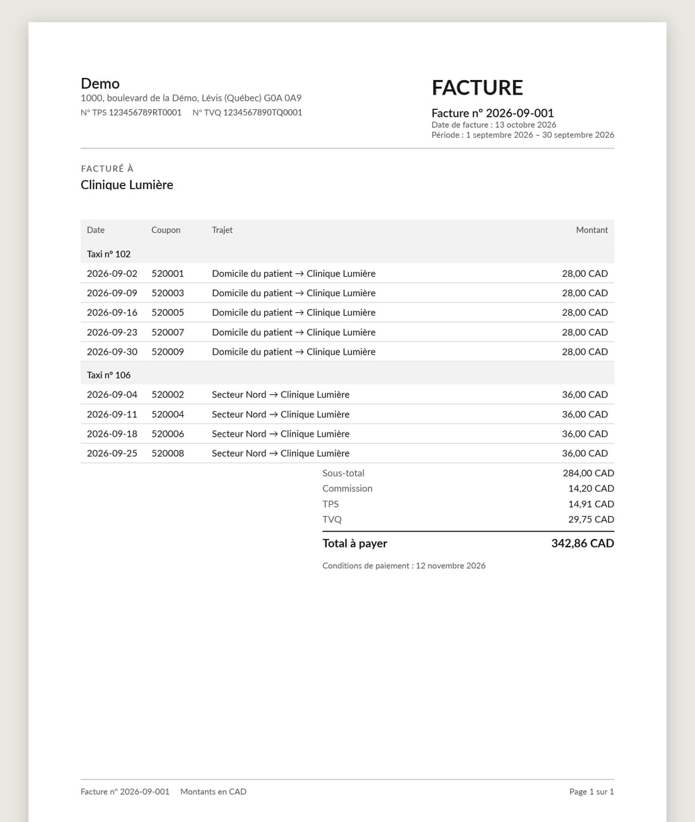 Invoice PDF produced by Karnet for a client: runs per taxi, subtotal, commission, GST, QST and total due. Shown in French.