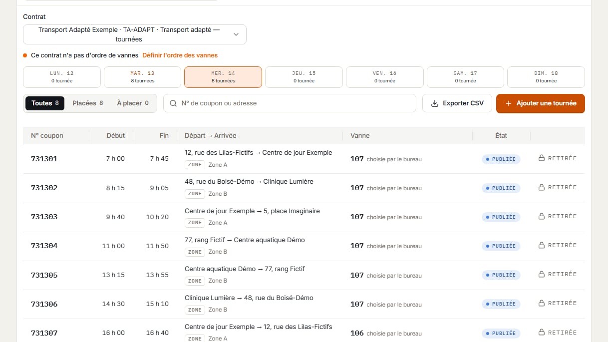 Schedule, Tours tab: one day’s tours, with the client’s coupon number, times, route, zone and van. Shown in French.