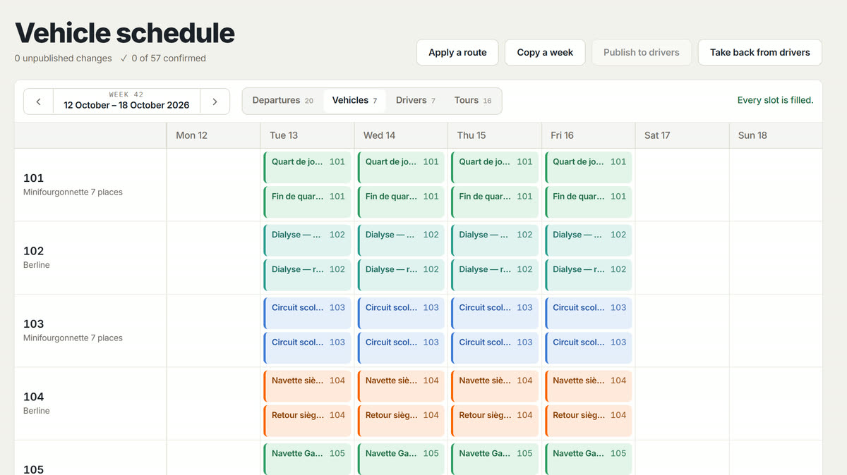 Schedule, Vehicles tab: the same week laid out per vehicle, each run in its contract’s colour.